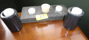 lot 27 image: Stone slab candle holder and 2 marble candle holders with a box of probably 40 candles and tea lights