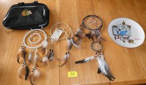 lot 32 image: 3 actual Dream Catchers made by Tribal indians, a norman Rockwell plate and a Blackhawks cosmetic bag