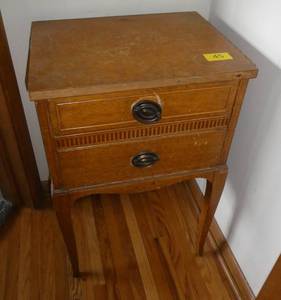 lot 45 image: Small hall table with 2 drawers 14x18x28 tall and hallway mirror.  Table definitely shows wear