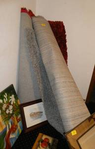 lot 64 image: 2 large rolls of carpet - grey is 78 wide, red is 60 wide, not sure how long they are