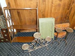 lot 70 image: Group of wall hanging shelves and 3 rod iron candle holders