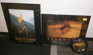 lot 84 image: 2 framed inspirational posters and a clock