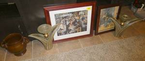 lot 94 image: Group of home dcor - planter, 2 large and heavy candle holders, framed pictures