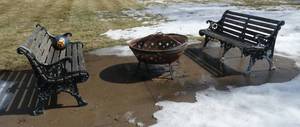 lot 107 image: Two wood and iron benches - fire pit not included