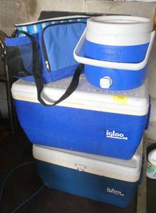 lot 152 image: 2 Igloo camping coolers, coleman water cooler and soft sided bag cooler