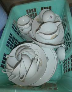 lot 189 image: Lot of china white with leaf pattern and silver edge set of 10 dinner plates, cups and saucers, bowls