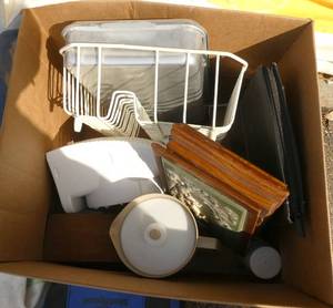 lot 256 image: Box of misc, kitchen stuff, heater, jewelry box etc