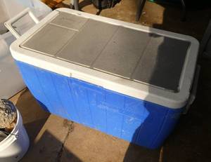 lot 278 image: Large Coleman Cooler, smaller cooler, Aladdin divided lunch cooler, and cooler bag full of koozies