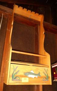 lot 331 image: Fishing rod rack and a wooden woodpecker