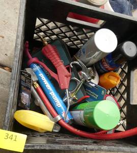 lot 341 image: Misc lot with bug spray, air nozzles, basketball pump and needles