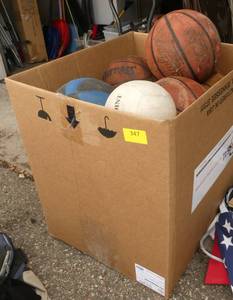 lot 347 image: LARGE box full of basketballs and soccer balls