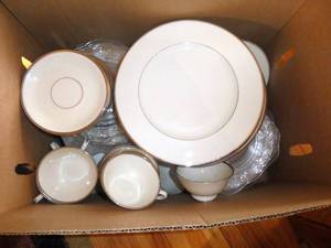 lot 26 image: Large set of china with silver edge - excellent condition - this appears to be a place setting for 12 - I didnt take all the pieces out so I dont know if any are missing