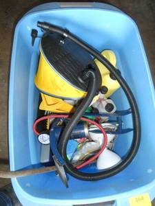 lot 164 image: Tote full of garage items, inflate air mattresses, bicycle tires, hooks, oil, antifreeze, funnels, and more