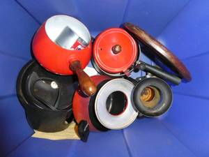 lot 192 image: tote full of fondue sets and vintage serving  set