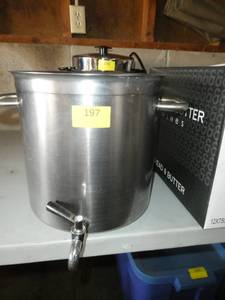 lot 197 image: Commercial pot with spigot and a couple of bowls