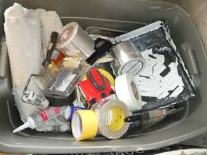 lot 207 image: tote full of painters supplies, brushes, pans, rollers, drop clothes, tape, we added to this since the picture was taken