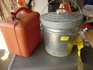 lot 255 image: Gas can and metal bucket with cover