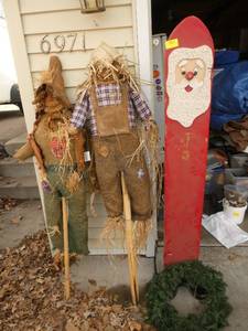 lot 350 image: 2 scarecrows and a wood santa