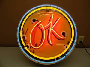 VINTAGE ORIGINAL 1950s OK NEON PORCELAIN SIGN - CHEVY DEALERSHIP LOGO - WORKS - RARE FANTASTIC PIECE -  APPROX 20round 9deep - SEE PICTURES