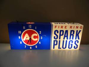 Vintage 1960s AC Delco Fire Ring Spark Plugs Hanging Lighted Clock Sign - WORKS - AWESOME PIECE - APPROX 24X 9X 4 - SEE PICTURES