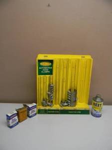 VINTAGE IDEAL AUTOMOTIVE HOSE CLAMPS DISPLAY WCLAMPS - VINTAGE DeMert HEET CAN - NICE COLLECTION - SEE PICTURES