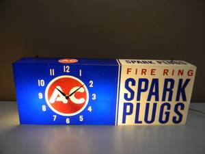 Vintage 1960s AC Delco Fire Ring Spark Plugs Hanging Lighted Clock Sign - WORKS - AWESOME PIECE - APPROX 24X 9X 4 - SEE PICTURES