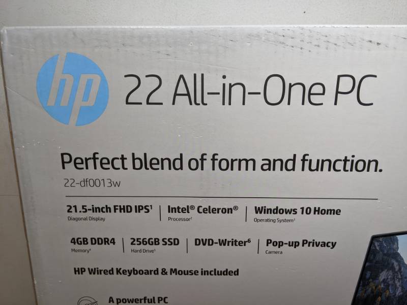 lot 8 image: Brand New HP 22-df0013w 21.5 AIO Computer G5905T 4GB 256GB W10H Night Blue - T