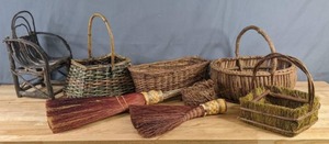 lot 132 image: Wonderful Wicker & Wood Baskets, Toy Chair and Handmade Brooms - S