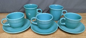 lot 201 image: Teal Fiesta Homer Laughlin China Co. Set of 3 Cups & Saucers, Plus 2 Straight Sided Cups  - B