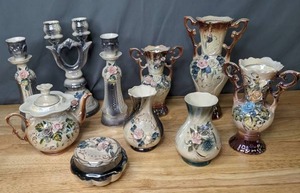 lot 207 image: Ten Piece Lot of Ornate Porcelain Pieces Vases, Teapot, Candle Holders and More -B
