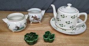 lot 210 image: Vintage Carrigaline Pottery Co. Irish Pottery Teapot, Saucer, Creamer, Sugar Bowl, and More - B