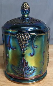 lot 141 image: Vintage Iridescent Carnival Indiana Glass Jar with Lid (BluePurple) - B