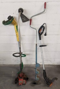 lot 148 image: Lot of 3 Weedeaters (Homelite, Weed Eater Brand, WORX) and a Manual Post Hole Driller - N