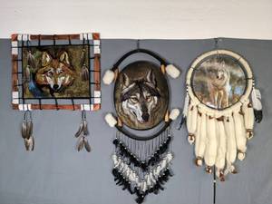 lot 260 image: Native American Collection of 3 Dream Catchers Featuring Wolves - Q