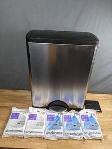lot 261 image: SimpleHuman 12.2 Gallon Dual Compartment Stainless Steel Trash Can with 100 Garbage Bags  - Q