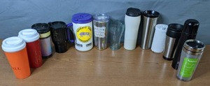 lot 285 image: Lot of 13 Lidded Plastic Cups, Metal Insulated Cups and More - Q