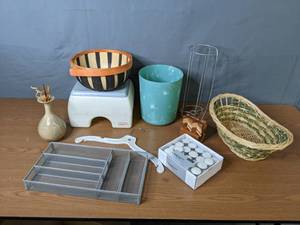 lot 289 image: Miscellaneous Household Items (Little Tikes Step Stool, Decorative Baskets, Vase, Tealight Candles, Mesh Silverware Drawer, Wood Coasters, and more) - Q