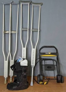 lot 327 image: Medical Equipment Crutches, Boot, Foldable Dolly Bag Cart w Security Strap, & More - Q