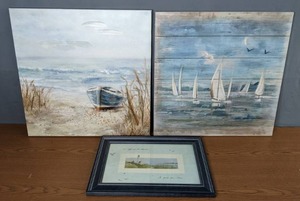 lot 275 image: Lot of 3 Beach Themed Wall Art Pieces (Boats, Lighthouse, Gulls, Mixed Media) - Q