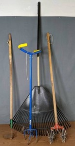 lot 280 image: Gardening Tools Leaf Rake, Hoe, Gardening Claw, and Cultivator - Q