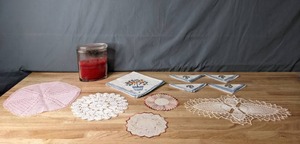 lot 345 image: Assortment of Doilies and a Holly Berry Balsam Candle - B