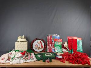 lot 297 image: Christmas Decor (Velvet BowsRibbon, Hand Towels, Precious Moments Music Box, Plastic Table Covers, and more) - Q