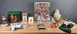 lot 267 image: Christmas Decor Lot Ornaments, Hallmark and House of Lloyd Collectibles, Stocking, Candle Holder and More - Q