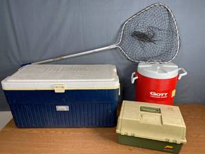 lot 288 image: Large Thermos Cooler, 5-Gallon Gott Water Cooler, Tackle Box, and Fishing Net - Q