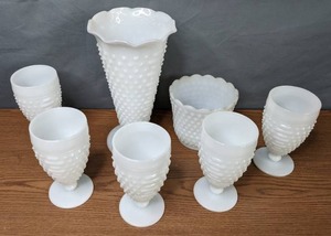 lot 321 image: Vintage Fire King White Milk Glasses, Vase, & More - V