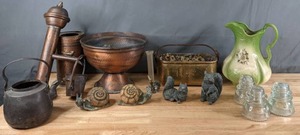 lot 416 image: Beautiful Vintage Decor & More Copper Bird Bath Decor, Pitcher, Gass Electric Power Line Insulators, and More - V