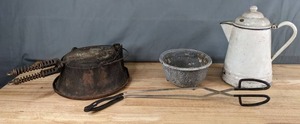 lot 418 image: Vintage Griswold American No. 8 Cast Iron Waffle Iron with High Base, Small Cast Iron Sew Pot, Vintage TeaCoffee Kettle, & More - V