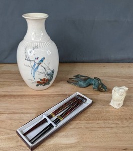 lot 414 image: Vintage Japanese Collectible Decor Vase, Koi Fish, Fu Lu Shou Figurine, and Chopsticks - V