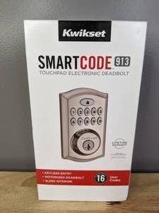 lot 31 image: Brand New Kwikset SmartCode 913 Satin Nickel Single Cylinder Electronic Deadbolt Featuring SmartKey Security - T