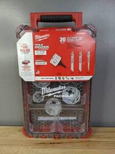 lot 49 image: Brand New Milwaukee 20 Piece Hole Dozer Bi-Metal General Purpose Hole Saw and Reciprocating Saw Set with PACKOUT Case - T